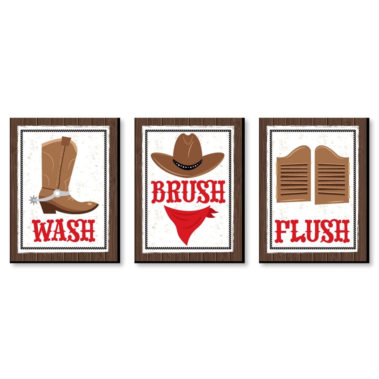 Big Dot of Happiness Western Hoedown - Kids Bathroom Rules Wall Art - 7.5 x 10 inches - Set of 3 Signs - Wash, Brush, Flush